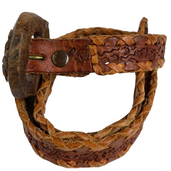 Unique Wooden Buckled Hand-carved Hand-Tooled Genuine Leather Western Braid Belt - Picture 8 of 13